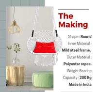 Curio Centre Make in India Round Premium Swing with Polyester Ropes & Mild Steel Frame for Adults & Kids/Indoor Outdoor Hanging Swing Chair with Cushion & Accessories (73 x 81 x 149 cm, White) - White,  , Pack of1 